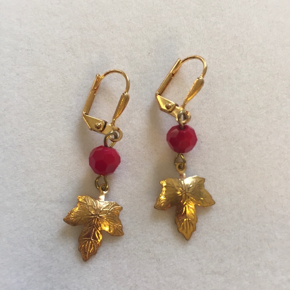 HAND CRAFTED Earrings Goldtone Maple Leaf Red Statement Earrings